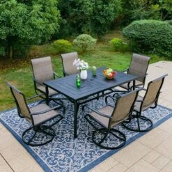 7pc Outdoor Dining Set With Padded Swivel Chairs & Metal Rectangle Table With Umbrella Hole - Gray - Captiva Hole -Garden & Outdoors GUEST 864eaacc b1f7 4c07 926c e2052ceb9776