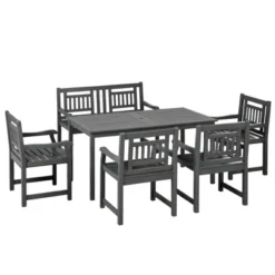 Outsunny 6 Piece Patio Dining Set, Outdoor Poplar Wood Furniture Set, Umbrella Hole Table And Chairs With Bench, Dark Gray -Garden & Outdoors GUEST 8a0429f0 6fef 4c40 a987 dd3b1548f97c