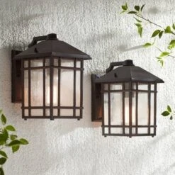 Kathy Ireland Sierra Craftsman Mission Outdoor Wall Light Fixtures Set Of 2 Rubbed Bronze 11" Seedy Glass For Post Exterior Barn Deck House Porch Yard