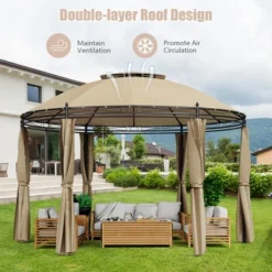 Tangkula 11.5'Outdoor Patio Round Dome Gazebo Canopy Shelter Double Roof Steel Brown -Garden & Outdoors GUEST 905beca2 0a5a 4c24 93d0 22f6ee16f321