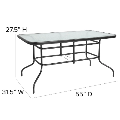 Flash Furniture 5 Piece Outdoor Patio Dining Set - 55" Tempered Glass Patio Table With Umbrella Hole, 4 Black Metal Aluminum Slat Stack Chairs 6 Flash Furniture 5 Piece Outdoor Patio Dining Set - 55" Tempered Glass Patio Table With Umbrella Hole, 4 Black Metal Aluminum Slat Stack Chairs - Image 4