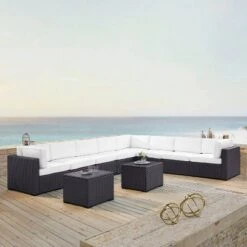 Biscayne 7pc Outdoor Wicker Sectional Set With 2 Coffee Tables & 3 Corner Seats White - Crosley