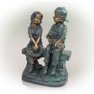 16" Polyresin Girl And Boy With Dog Sitting On Bench Sculpture Bronze - Alpine Corporation 4 16" Polyresin Girl And Boy With Dog Sitting On Bench Sculpture Bronze - Alpine Corporation - Image 2