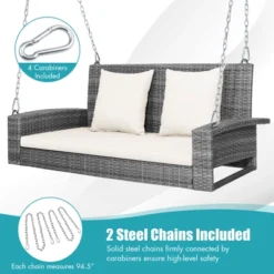 Tangkula Outdoor Porch Swing Bench, Patio Wicker Hanging Swing With Rustproof Chains & Comfortable Cushions Off White/Turquoise/Red/Black -Garden & Outdoors GUEST 95df3180 299b 4db3 8362 219cc0087b07