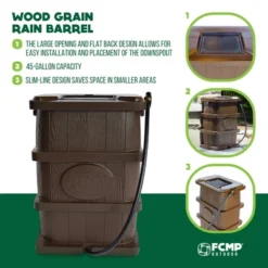 FCMP Outdoor WG4000 45 Gallon Wood Grain Outdoor Home Rain Water Catcher Barrel Flat Back Container With Spigots And Mesh Screen, Brown -Garden & Outdoors GUEST 9da25afa 9e69 4535 bdd4 e95507f100c3