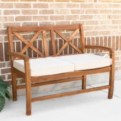 Acacia Wood X-Back Love Seat With Cushions Brown - Saracina Home -Garden & Outdoors GUEST a375564a 7544 45f1 9224 786c06015617