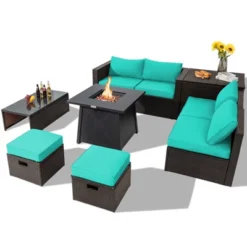 Tangkula 9PCS Outdoor Patio Furniture Set With 30" Propane Fire Pit Table PE Wicker Space-Saving Sectional Sofa Set W/ Storage Box & Cushions -Garden & Outdoors GUEST a5372c13 1053 456a b5e1 91a6c8ad45f3