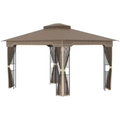 Outsunny 12' X 10' Patio Gazebo Outdoor Canopy Shelter With Double Tier Roof And Netting Sidewalls For Garden, Lawn, Backyard And Deck, Brown -Garden & Outdoors GUEST a56bdbcb 5a68 41b9 813b 9970dfd97692