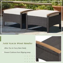 Costway Set Of 2 Patio Rattan Ottoman Footrest Cushions Wooden Handle Off WhiteBrownRedNavy -Garden & Outdoors GUEST a68995dd 1380 45b3 a77a c86457250a3f