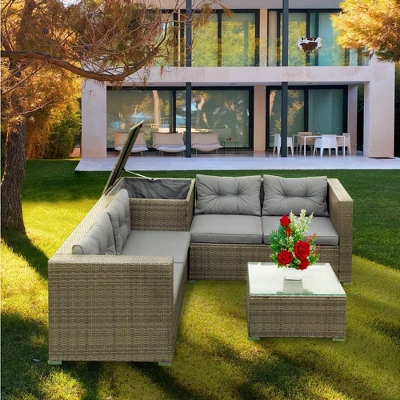 4pc Wicker Patio Seating Set With Cushions - Gray - GODEER 5 4pc Wicker Patio Seating Set With Cushions - Gray - GODEER - Image 3