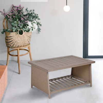 Aluminum Patio Chat Table With Bottom Shelf - Natural - WELLFOR 10 Aluminum Patio Chat Table With Bottom Shelf - Natural - WELLFOR - Image 8