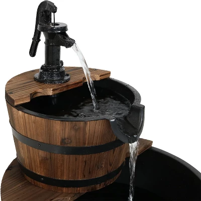 Sunnydaze Decor Sunnydaze 23"H Electric Fir Wood 2-Tier Farmhouse Barrel With Metal Decorative Hand Pump Outdoor Water Fountain 4 Sunnydaze Decor Sunnydaze 23"H Electric Fir Wood 2-Tier Farmhouse Barrel With Metal Decorative Hand Pump Outdoor Water Fountain - Image 2
