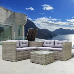 4pc Wicker Patio Conversation Seating Set With Thick Cushions - Gray - GODEER -Garden & Outdoors GUEST af0dee47 1e7f 4a6f 90e4 95938824b2aa