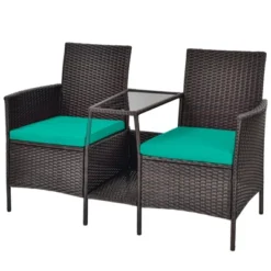 Tangkula Patio Loveseat 2 Person Cushioned Seats With Center Table Outdoor Rattan Furniture Set Turquoise/ Red -Garden & Outdoors GUEST b45ce997 2ac0 434f b8eb 61fdc4b29f33