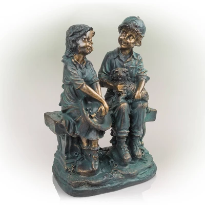 16" Polyresin Girl And Boy With Dog Sitting On Bench Sculpture Bronze - Alpine Corporation 5 16" Polyresin Girl And Boy With Dog Sitting On Bench Sculpture Bronze - Alpine Corporation - Image 3