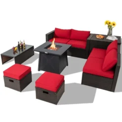 Tangkula 9PCS Outdoor Patio Furniture Set With 30" Propane Fire Pit Table PE Wicker Space-Saving Sectional Sofa Set W/ Storage Box & Cushions -Garden & Outdoors GUEST bb85bf94 1308 408e 8214 6f4bdb39806d