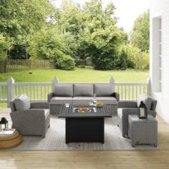 Bradenton 5pc Wicker Sofa Set With Fire Table - Gray - Crosley -Garden & Outdoors GUEST bba66112 7660 4a20 9515 3e097679badd