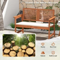 Costway Patio Bench Outdoor Solid Wood Loveseat Chair With Backrest & Cushion Porch Garden -Garden & Outdoors GUEST bbaef6bd e603 4787 9134 0642b91dc071
