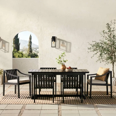 7pc Modern Slatted Wood Outdoor Dining Set - Saracina Home 3 7pc Modern Slatted Wood Outdoor Dining Set - Saracina Home
