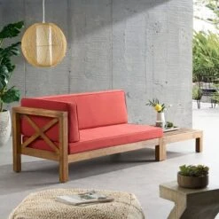 2pc Brava Outdoor Acacia Wood Left Arm Loveseat & Coffee Table With Cushion Teak/Red - Christopher Knight Home -Garden & Outdoors GUEST bc4b81b1 217b 4ec1 a2b7 80ba013a63bd