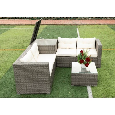 4pc Wicker Patio Sectional Seating Set With Cushions - Gray/Beige - GODEER 6 4pc Wicker Patio Sectional Seating Set With Cushions - Gray/Beige - GODEER - Image 4