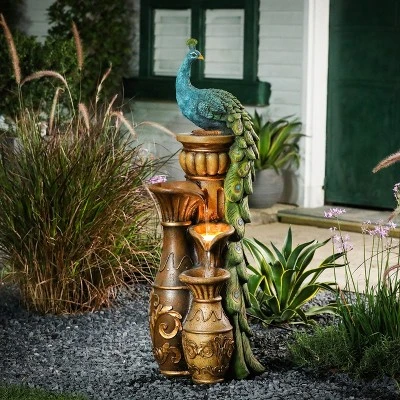 LuxenHome Peacock And Urns Resin Outdoor Fountain With LED Lights 4 LuxenHome Peacock And Urns Resin Outdoor Fountain With LED Lights - Image 2