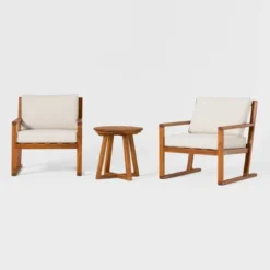 Saracina Home 3pc Modern Slat-Back Acacia Outdoor Conversation Set With Cushions -Garden & Outdoors GUEST c5f0efa3 a546 441a a62d 8991ad328bec