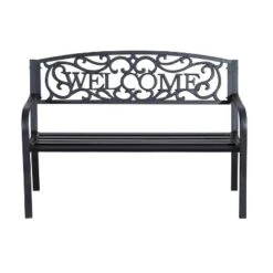 Outsunny 50" Outdoor Metal Welcome Bench, Powder Coated Cast Iron Sign & Steel Frame, 2 Person Bench With Antique Vine Motifs & Slatted Seat, Black -Garden & Outdoors GUEST c84c0508 1ce3 465a 90ac b4f94e3b2254