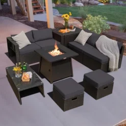 Costway 9PCS Patio Rattan Furniture Set Fire Pit Space-saving W/ Cushion Cover -Garden & Outdoors GUEST d25e1387 fe64 4e3b 8f06 a0fd0c862efc