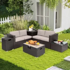 Costway 6PCS Patio Rattan Furniture Set 32'' Fire Pit Table Tank Holder With Cover Beige/Navy/Red/Turquoise -Garden & Outdoors GUEST d685142a 4799 418b 86de 036c4496257b