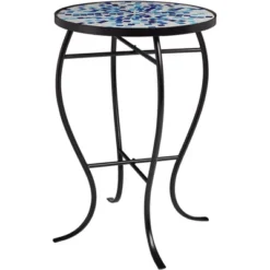 Teal Island Designs Modern Black Round Outdoor Accent Side Table 14" Wide Multi Blue Mosaic Tabletop For Front Porch Patio House Balcony -Garden & Outdoors GUEST dcd7c044 6ac1 42a8 8328 a7187b4821fd