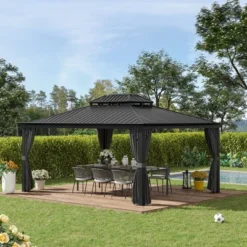 Outsunny Patio Gazebo 15.9' X 12', Netting & Curtains, 2 Tier Double Vented Steel Roof, Hardtop, Ceiling Hooks, Rust Proof Aluminum, Gray -Garden & Outdoors GUEST dda34999 d866 49d5 8157 a0874f1201b5