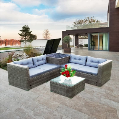 4pc Wicker Patio Seating Set With Cushions - Gray - GODEER 4 4pc Wicker Patio Seating Set With Cushions - Gray - GODEER - Image 2
