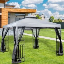SUGIFT 10' X 10' Outdoor Patio Gazebo Canopy With Mesh Netting Sidewalls And Steel Frame - Light Gray -Garden & Outdoors GUEST dde93233 4462 47c0 a50d 8bdc9e4ec556