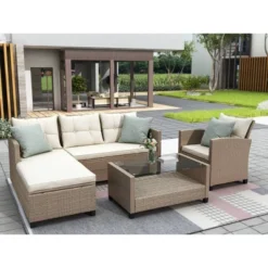 4pc Wicker Patio Conversation Seating Set With Cushions - Beige/Brown - GODEER