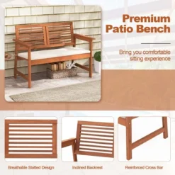 Costway Patio Bench Outdoor Solid Wood Loveseat Chair With Backrest & Cushion Porch Garden -Garden & Outdoors GUEST e164e33d 6566 45cf 8e53 a436b90a7dfb