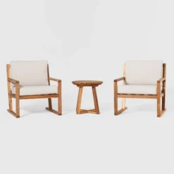 Saracina Home 3pc Modern Slat-Back Acacia Outdoor Conversation Set With Cushions -Garden & Outdoors GUEST e228f191 c7e4 49f0 8884 eecb92073a20