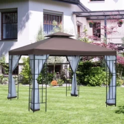 Outsunny 10'x10' Outdoor Gazebo, Double Tiered Canopy Tent With Mosquito Netting, And Steel Frame For Patio, Backyards And Parties, Coffee