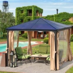 Aoodor 10'x 10' Patio Gazebo Polycarbonate Roof Black