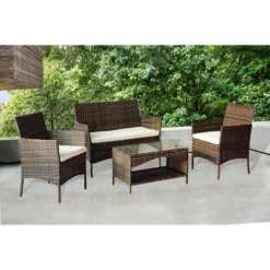 4pc Rattan Wicker Outdoor Lounge Chair With Cushions - Brown/Beige - GODEER