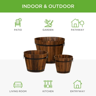 Best Choice Products Set Of 3 Rustic Wood Bucket Barrel Flower Garden Planters Set W/ Drainage Holes, Multiple Sizes 6 Best Choice Products Set Of 3 Rustic Wood Bucket Barrel Flower Garden Planters Set W/ Drainage Holes, Multiple Sizes - Image 4