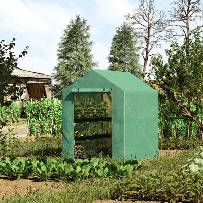 Outsunny 84.25" X 56.25" X 76.75" Walk-in Greenhouse, 3-Tier Shelves, Steel Frame Hot House, Roll-Up Zipper Door For Flowers, Vegetables, Green 4 Outsunny 84.25" X 56.25" X 76.75" Walk-in Greenhouse, 3-Tier Shelves, Steel Frame Hot House, Roll-Up Zipper Door For Flowers, Vegetables, Green - Image 2
