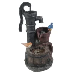 LuxenHome Resin Farmhouse Barrel And Water Pump Outdoor Fountain -Garden & Outdoors GUEST ef1a0932 b375 4303 a780 2d9efc87d7fc