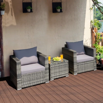 Tangkula 3-Piece Patio Wicker Conversation Set Bistro Rattan Sofa Chair With Washable Cushion Gray 4 Tangkula 3-Piece Patio Wicker Conversation Set Bistro Rattan Sofa Chair With Washable Cushion Gray - Image 2