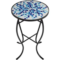 Teal Island Designs Modern Black Round Outdoor Accent Side Table 14" Wide Multi Blue Mosaic Tabletop For Front Porch Patio House Balcony -Garden & Outdoors GUEST f424e1af 10ad 4abd 8265 f891cdba8f3f