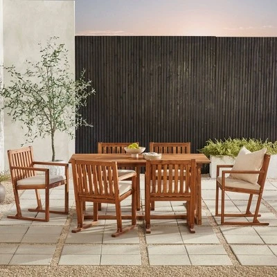 Saracina Home 7pc Modern Slatted Acacia Outdoor Dining Set With Trapezoid Legs 4 Saracina Home 7pc Modern Slatted Acacia Outdoor Dining Set With Trapezoid Legs - Image 2