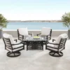 5pc Outdoor Dining Set With 48" Rectangle Fire Table & Deep Seating Swivel Rocking Chairs, Wind Blocker Lid & Covers - Oakland Living