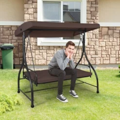 Costway Converting Outdoor Swing Canopy Hammock 3 Seats Patio Deck Furniture Brown -Garden & Outdoors GUEST f8e4b17b 7d87 48ee 957c 76af22f3baf1
