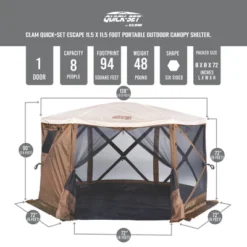 CLAM Quick-Set Pavilion Camper Foot Portable Pop-Up Camping Outdoor Gazebo Screen Tent 6 Sided Canopy Shelter With Stakes And Bag