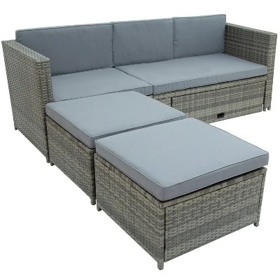 4pc Outdoor Wicker Conversation Sectional Set With Cushions - Gray - GODEER 9 4pc Outdoor Wicker Conversation Sectional Set With Cushions - Gray - GODEER - Image 7